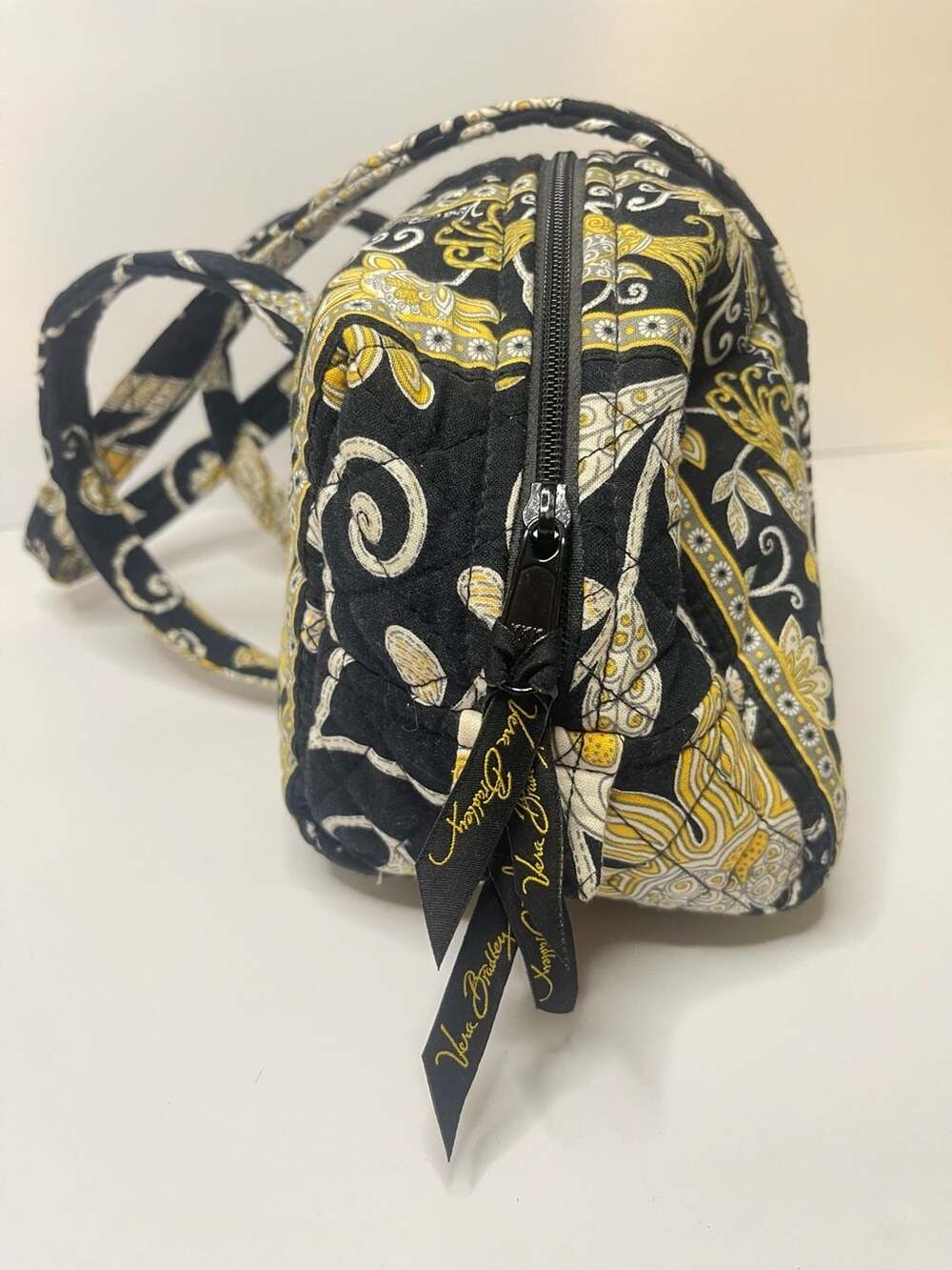 Vera Bradley Quilted Cotton Satchel Handbag Black Yellow Floral Bird Print